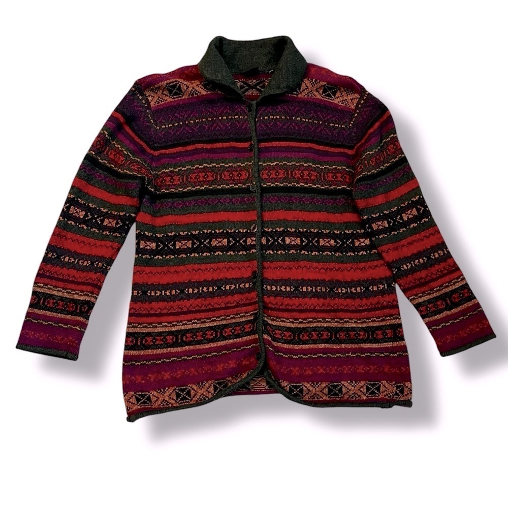Vintage Y2K Erika Cardigan Sweater Nordic Fair Isle Collared Button Up SZ Medium